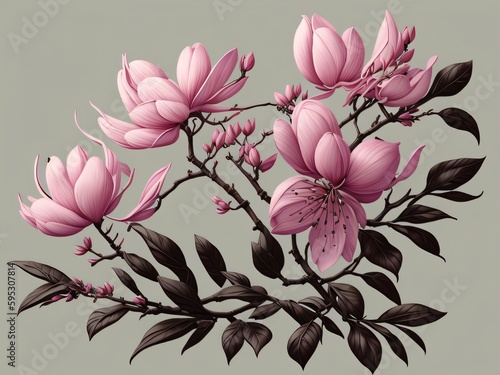 Pink spring magnolia flowers branch