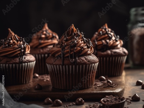 chocolate cupcake on dark wooden background. Generative AI