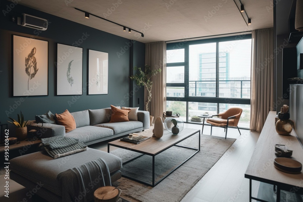 Modern apartment interior design with contemporary furniture and decor. Generative AI