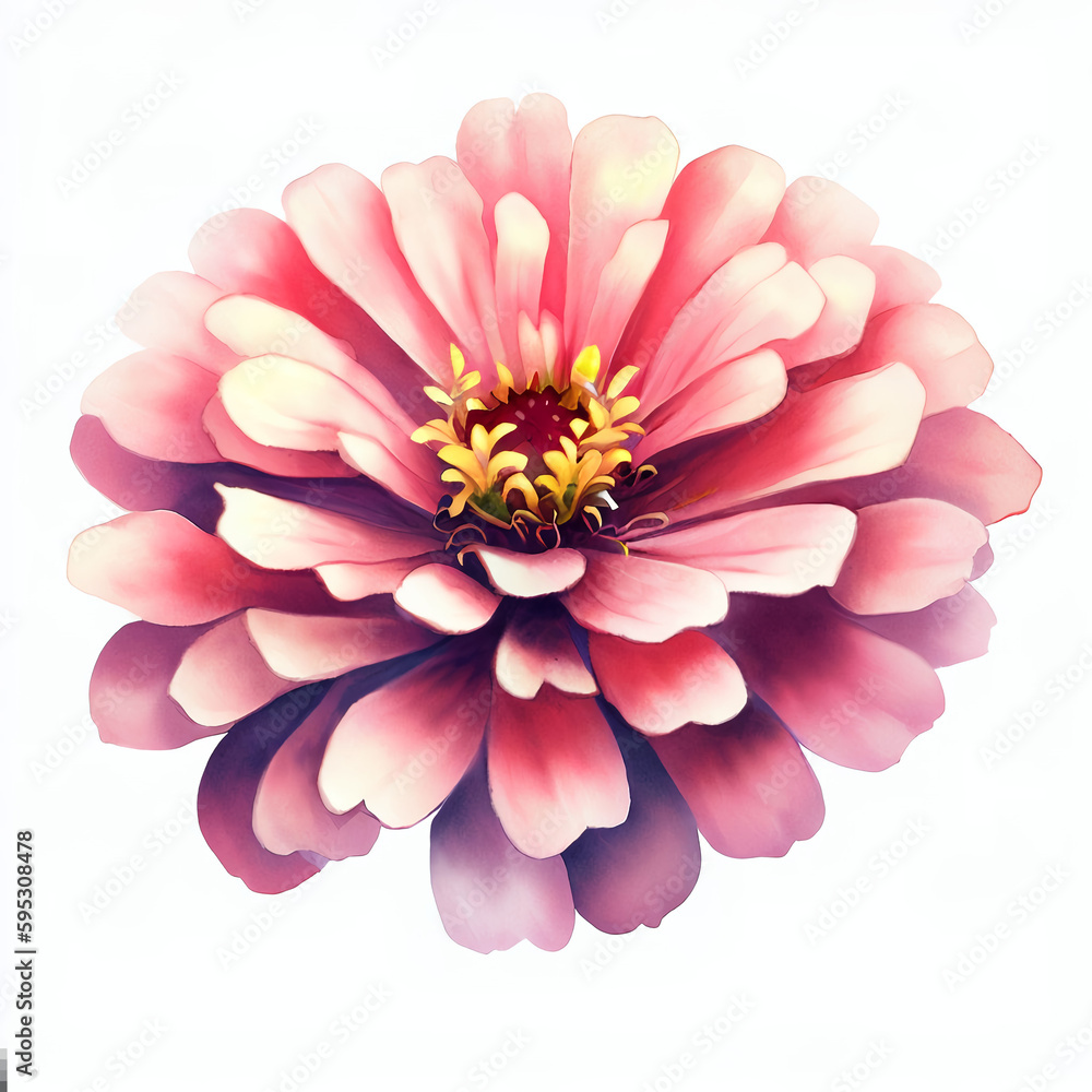 Fototapeta premium Illustration Fleur de Zinnia Illustration Fleur D'Œillet- Style Aquarelle Réaliste - Fond Blanc - Généré par IA