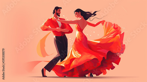 a beautiful vibrant color illustration of a couple dancing flamenco
