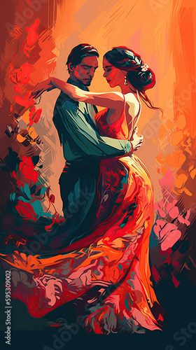 a beautiful vibrant color illustration of a couple dancing flamenco