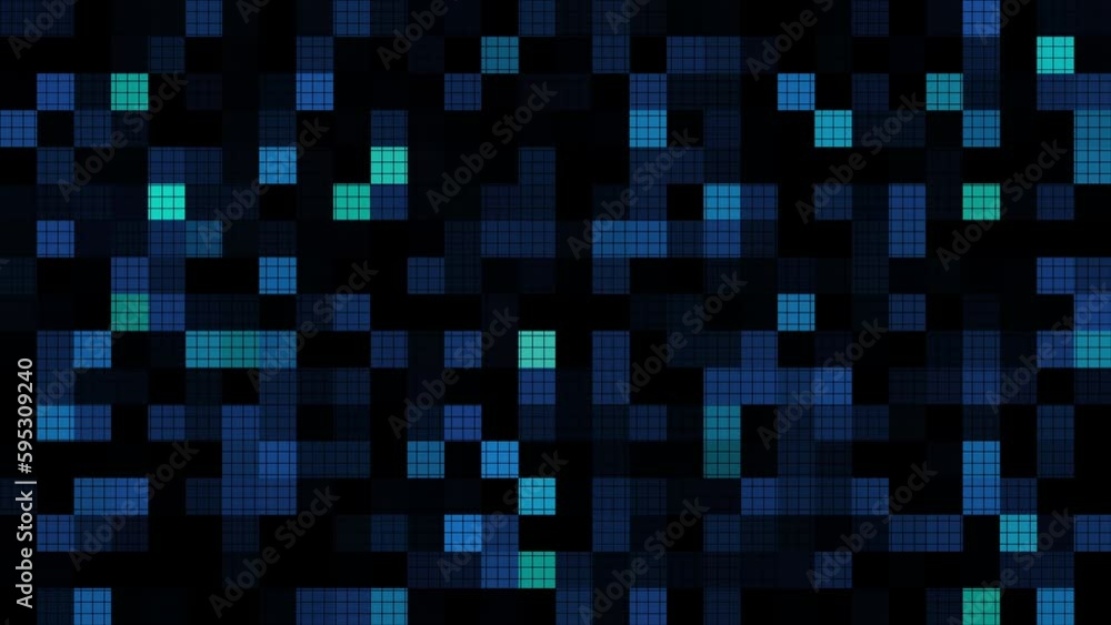 Seamless Loop Blue Pixel LED digital grid lights animation on black abstract background. Bright floodlights flashing computer technology lights. 4K abstract futuristic light blue pixelated tiles mosa Seamless Loop Blue Pixel LED digital grid lights animation on black abstract background. Bright floodlights flashing computer technology lights. 4K abstract futuristic light blue pixelated tiles mosa