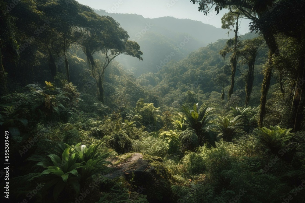Vibrant Atlantic forest in Rio de Janeiro's Guapiaçu reserve. Generative AI - obrazy, fototapety, plakaty 