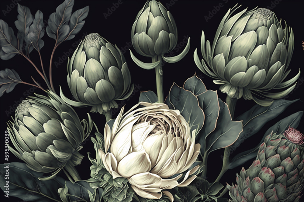 Fototapeta premium Vintage botany flowers and green leaves on black background. Generated AI