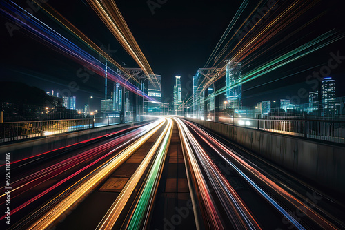 Night, high-speed train tracks and urban skylines. AI technology generated image