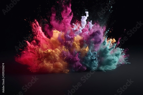 Colorful smoke exploding on a black background. AI technology generated image