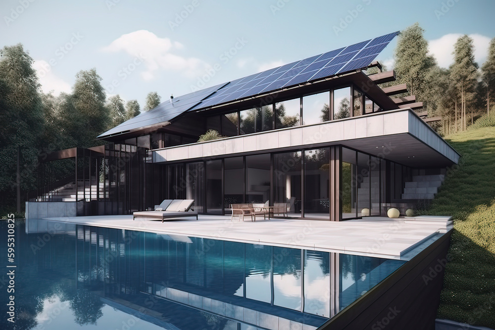 Fototapeta premium Modern houses and swimming pools with solar energy. AI technology generated image
