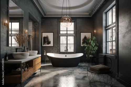 Gray toned spacious bathroom with heated floors  a freestanding tub and empty paintings. 3D rendering. Generative AI