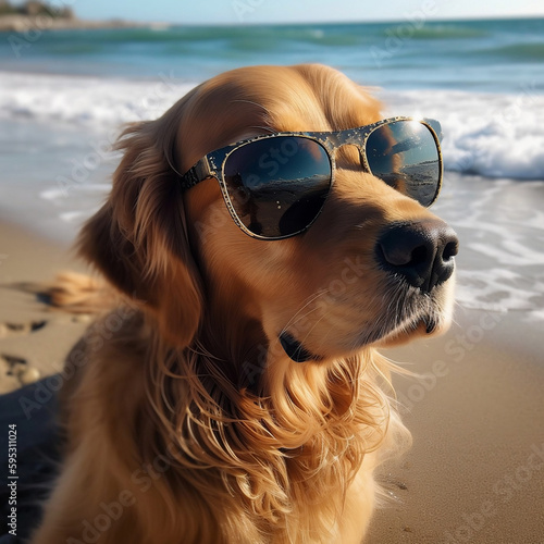 Cool Canine: Golden Retriever Rocks the Sunglasses on the Beach. AI image