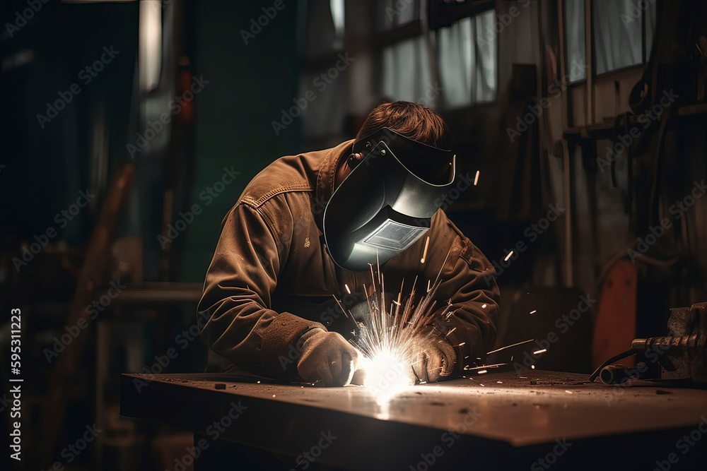 Welding workers are welding parts in the workshop. AI technology generated image