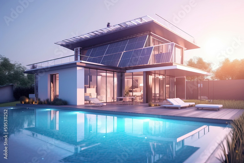 Modern houses and swimming pools with solar energy. AI technology generated image © onlyyouqj