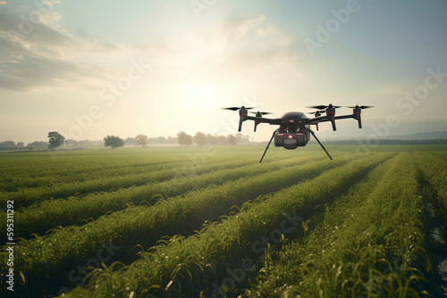 Drones spraying pesticides on farms. AI technology generated image