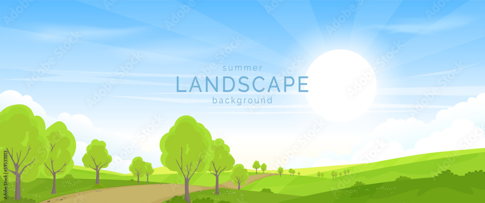 A path through a field. Trees that grow along the path. Green meadows and fields, blue sky and clouds. Rural landscape. Cartoon vector illustration. Design of a banner, postcard, invitation, booklet.