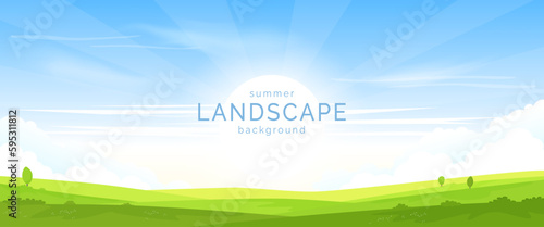 Vector illustration. Summer sunny landscape. Green fields, meadows, hills are covered with grass and flowers. Bright blue sky and clouds. Design for banner, invitation, card, website in flat style.