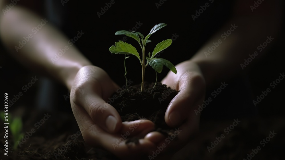 AI Generative. AI Generative. Photography concept of man holding earth with a little green glowing seedling that is sprouting. Photo of new life beginning inspiration. Graphic Art Illustration.