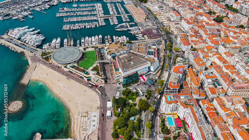 Palace of Festivals and Conferences modern building and convention centre with red carpet in France, the venue for the Cannes and Lions International Film Festivals and the NRJ Music Award aerial view