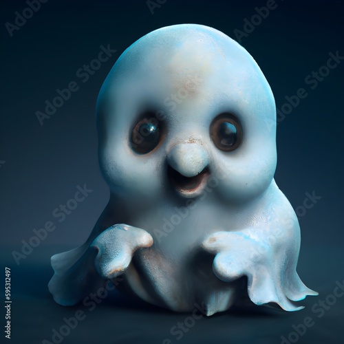 A cute but creepy baby ghost laughing as he poses for a photo. Generative AI © J