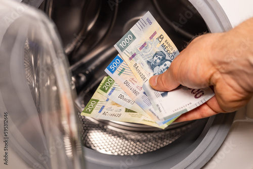 Mexican pesos being thrown into the washing machine, Concept, Money laundering, illegal activity, black market, Criminal activity in Mexico