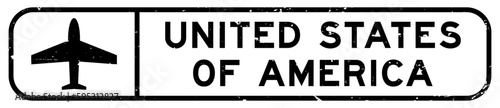 Grunge black united states of america word with plane icon square rubber seal stamp on white background