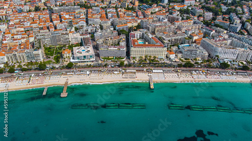 Aerial panorama of Cannes, Cote d'Azur, France, South Europe. Luxury resort and city of French riviera. Famous tourist destination ft nice beach and Promenade de la Croisette on Mediterranean sea UHD