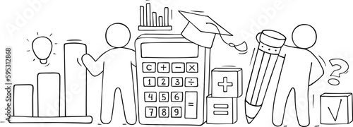 Finance business idea concept with calculator and light bulb. Vector hand drawn illustration of economy knowledge, financial analytics with doodle people, pencil, graph, calculator and lamp
