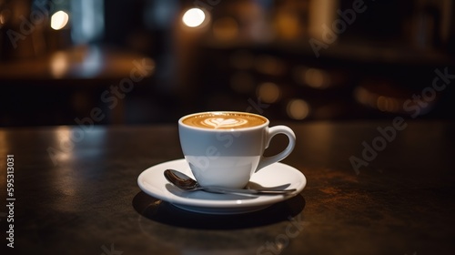 A Warm Cup of Strong Espresso Coffee in a Cafe Background with Simple Latte Art. With Licensed Generative AI Technology Assistance.