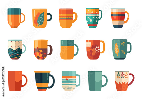 Cartoon cups for tea. Kitchen mug. Tea ceremony vector illustration set