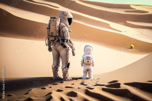 Père avec son fils en combinaison spatiale sur une planète désertique - Générative iA