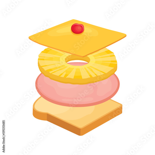 Flying toast Hawaii with pineapple, ham, cheese and maraschino cherry icon vector. Flying hawaiian toast icon vector isolated on a white background. Toasted bread sandwich illustration