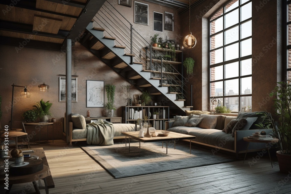3D rendering of loft apartment living room with wall mockup. Generative AI