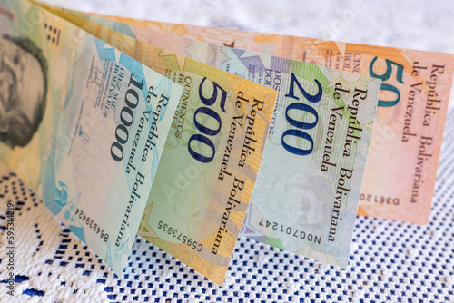 Venezuela money, Bolivares banknotes on white tablecloth at home, Household expenses and family budget concept photo