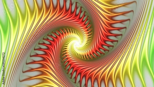 Fiery yellow-red flash of light spreads in spiral order. Abstract striped background with fractal swirl motion. Bright whirlpool transformations, rotation, pulsation. 4K UHD 4096x2304 photo