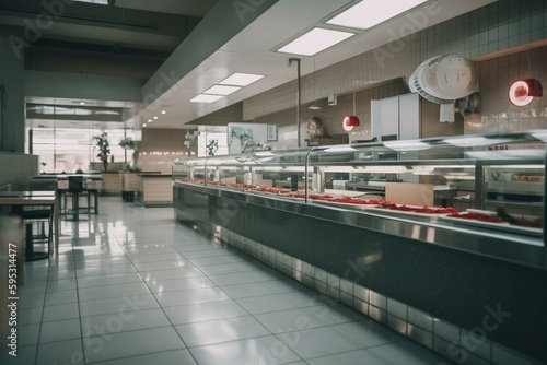 A cafeteria with no people or food. Generative AI
