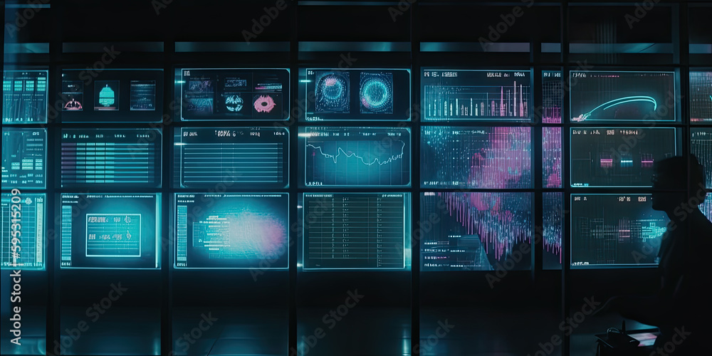 3d rendering of financial charts and graphs on computer screens in dark room, Generative AI Illustration