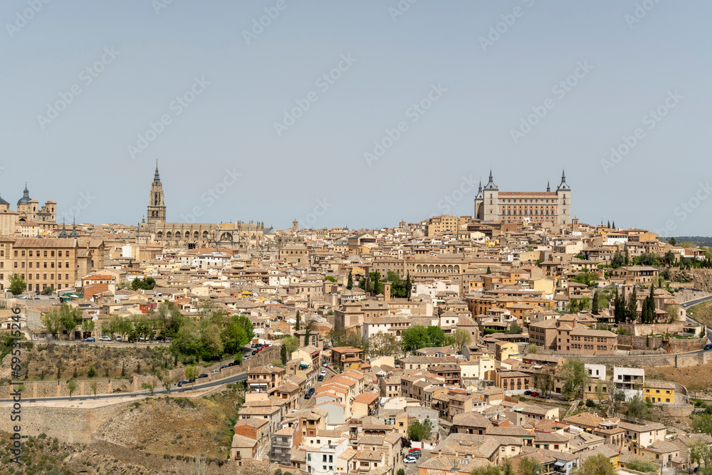 Toledo, Spain - April 9, 2023: Panoramic view of the city of Toledo at day, detail