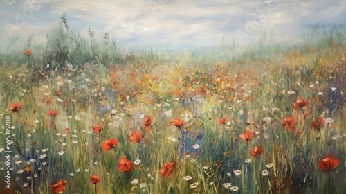 Digital oil painting of lush blooming summer meadow with colorful wildflowers, impressionism, beautiful artistic image for wallpaper, art print, background design. Generative AI.  © Aul Zitzke