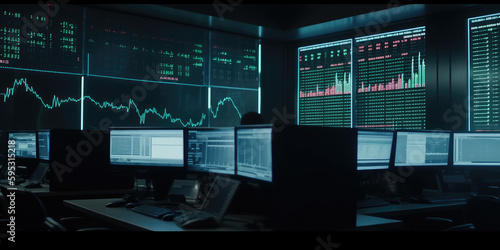 3d rendering of financial charts and graphs on computer screens in dark room, Generative AI Illustration © Alexey