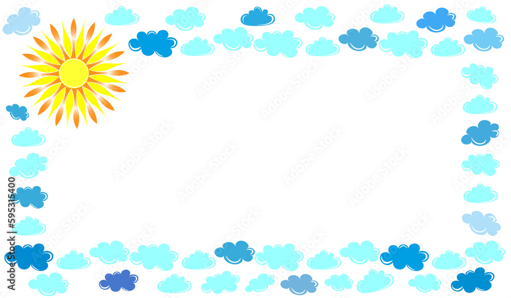 beautiful frame with bright sun and clouds, on a white background beautiful frame with bright sun and clouds, on a white background