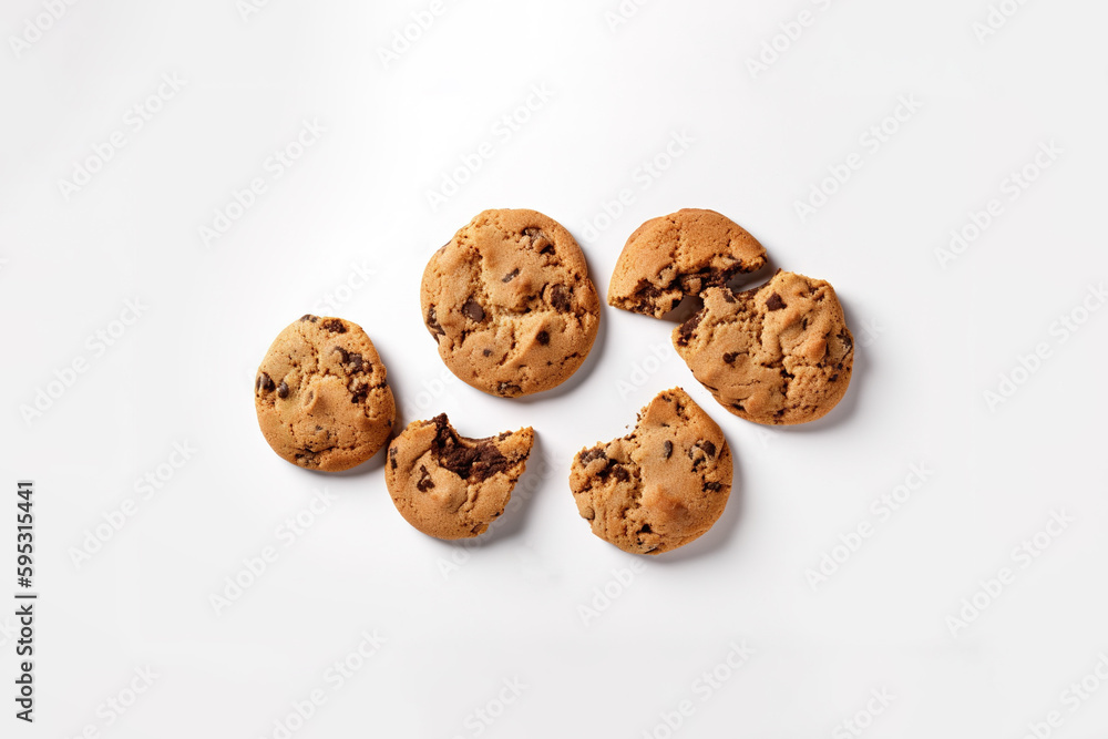 Top view of homemade chocolate chip cookies isolated on white background. Created with Generative AI Technology Top view of homemade chocolate chip cookies isolated on white background. Created with Generative AI Technology
