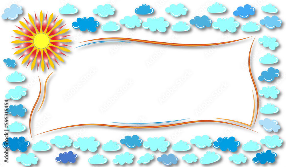 beautiful frame with bright sun and clouds, on a white background beautiful frame with bright sun and clouds, on a white background