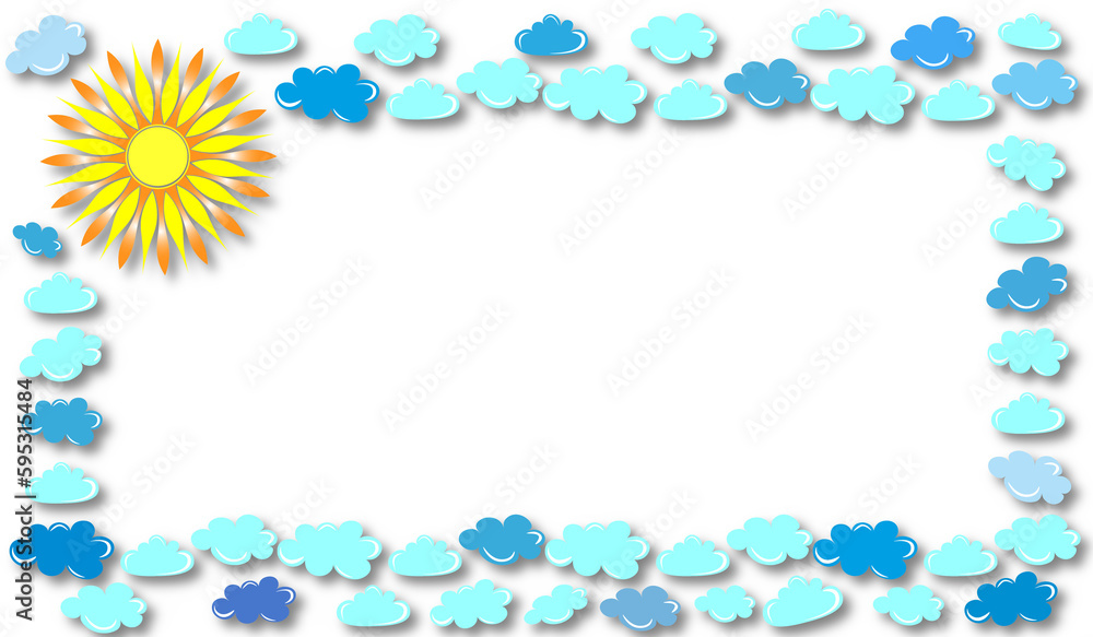 beautiful frame with bright sun and clouds, on a white background beautiful frame with bright sun and clouds, on a white background