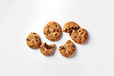 Top view of homemade chocolate chip cookies isolated on white background. Created with Generative AI Technology