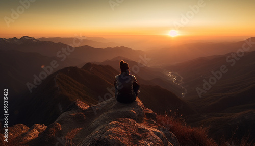 Men and women hiking mountain range at sunrise generated by AI