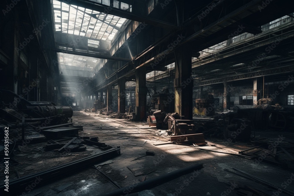 Inside an abandoned metal factory, representing industry. Generative AI