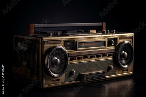 Vintage boombox tape player and radio recorder on dark background. Generative AI