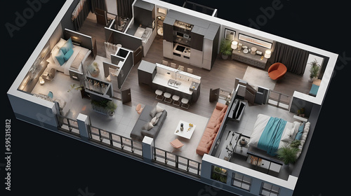 Maximizing Small Spaces: A 3D Top-View of a 30 Sqm Open Concept Apartment Layout. AI image