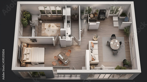 Sleek and Stylish: A 3D Top-View Illustration of an Open Concept Apartment Design. AI image