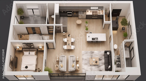 Visualize Your Dream Apartment: A Detailed Top-View Floor Plan with Furniture. AI image