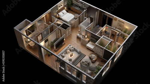 Open Concept Living at Its Best: A 3D Top-View Illustration of a Modern Apartment. AI image